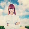 Composite image of portrait of a hipster woman front of post-it