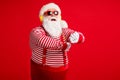 Portrait of his he handsome bearded fat overweight cheerful cheery Santa meloman listening single sound dancing having Royalty Free Stock Photo