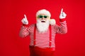 Portrait of his he handsome bearded fat overweight cheerful Santa listening music single song sound dancing having fun Royalty Free Stock Photo