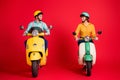 Portrait of his he her she nice attractive cheerful cheery friendly couple riding moped traveling enjoying weekend free Royalty Free Stock Photo