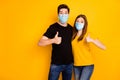 Portrait of his he her she nice attractive healthy couple showing thumbup wearing safety mask stop pandemia mers cov