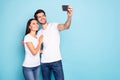 Portrait of his he her she nice-looking attractive charming lovely cheerful cheery couple hugging taking making selfie Royalty Free Stock Photo