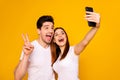 Portrait of his he her she two nice attractive lovely stylish trendy cheerful positive people making taking selfie Royalty Free Stock Photo