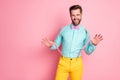 Portrait of his he nice attractive classy chic positive cheerful cheery funny brunet guy pulling suspenders posing Royalty Free Stock Photo