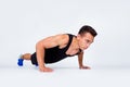 Portrait of his he nice attractive content sportive strong macho dedicated guy doing exercise push-ups motivation goal Royalty Free Stock Photo