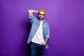 Portrait of his he nice attractive content virile brutal bearded guy posing modern lifestyle season clothing isolated Royalty Free Stock Photo