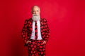 Portrait of his he nice attractive imposing trendy funky bearded gray-haired man wearing festive theme costume isolated