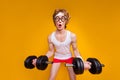 Portrait of his he nice funky motivated amazed comic childish foxy guy doing work out trainer program body building goal Royalty Free Stock Photo