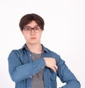 Portrait of his he nice-looking attractive content guy wearing blue shirt holding in hand showing keys