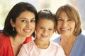 Portrait Of Hispanic Grandmother, Mother And Daughter Relaxing At Home