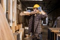 portrait hispanic indian confident worker work in construction site with wooden pile, wood furniture factory worker Royalty Free Stock Photo