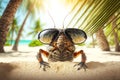 portrait of hissing cockroach in sunglasses on a blurred background of palm trees and the beach