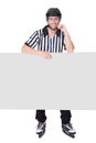 Portrait of hockey judge presenting empty banner