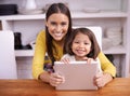 Portrait, home and mother with girl, tablet and bonding together with a smile and connection. Face, family and mama with Royalty Free Stock Photo