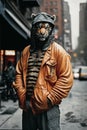 Portrait of a hooded Tiger dressed in clothes and standing alone on a rainy street in the middle of the city.