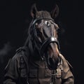 Portrait of a horse dressed in a tactical military outfit on a clean background. Wildlife Animals. Illustration, Generative AI Royalty Free Stock Photo
