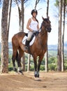 Portrait, horse riding or happy woman in nature countryside with rider or jockey for recreation or adventure. Smile Royalty Free Stock Photo