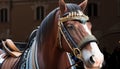 Portrait horsedrawn carriage horse decorated head animal buggy city urban crowd street look mammal looking muzzle tour tourism