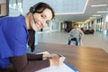 Portrait hospital receptionist wearing headset Royalty Free Stock Photo