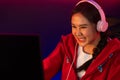 Portrait host channel Asian streamer concentrating game. Stratagem.