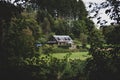 A portrait of a house seen from within a forest in a open spot in the woods begind a meadow Royalty Free Stock Photo