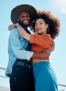 Portrait, hug and couple outdoor, love and relationship with happiness, bonding and loving together. Face, man or woman Royalty Free Stock Photo