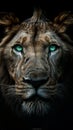 Portrait of huge beautiful male African lion with green eyes against black background Royalty Free Stock Photo