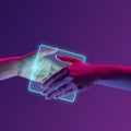 Portrait with human hands shaking hands near glowing square over minimal purple background in neon light. Cooperation