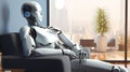 Portrait of human like robot relaxing in living room. Futuristic modern cyborg in apartment