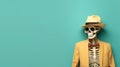 Portrait of a human skeleton in a hat and yellow blazer on a blue background