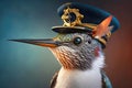 portrait of hummingbird dressed as a sea captain at the helm