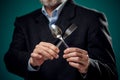 A portrait of hungry man in suit holding spoon and fork Royalty Free Stock Photo