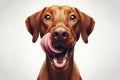 Portrait hungry and funny cute dog licking it lips with tongue on white background. ai generative