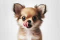 Portrait hungry and funny cute little chihua puppy licking it lips with tongue on white background. ai generative