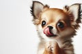 Portrait hungry and funny cute little chihua puppy licking it lips with tongue on white background. ai generative