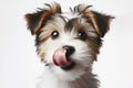 Portrait hungry and funny cute little jork terrier puppy licking it lips with tongue on white background. ai generative