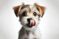 Portrait hungry and funny cute little jork terrier puppy licking it lips with tongue on white background. ai generative