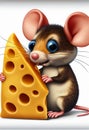 Portrait of a hungry mouse with a piece of cheese. AI generated