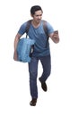 Portrait of hurry asian traveler running with carrying suitcase