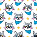 Portrait husky puppys. Dog in a bandana around his neck. Seamless pattern in cartoon style