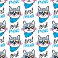 Portrait husky puppys and inscription best friend. Dog in a bandana around his neck. Seamless pattern in cartoon style