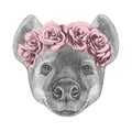 Portrait of Hyena with floral head wreath.