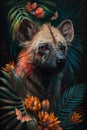 Portrait of a hyena with roses and palm leaves