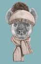 Portrait of Hyena with scarf and hat.