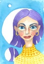 Portrait, Icon of beautiful female cartoon face with earrings. Illustration. Royalty Free Stock Photo