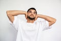 Portrait of ignorant young man covering ears with hands Royalty Free Stock Photo