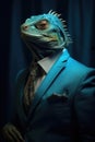 Portrait of iguana in human clothing. Antropomorphic animal. Generative AI