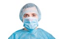 Portrait of ill man in medical unifrom and protective mask with MERS text isolated on white background. Respiratory protection.