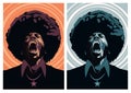 Portrait illustration of African American man looking up, screaming in anger expression, afro style hair, retro 70s