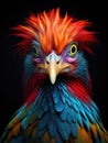 A funny bird\'s head with a lot of colorful long feathers